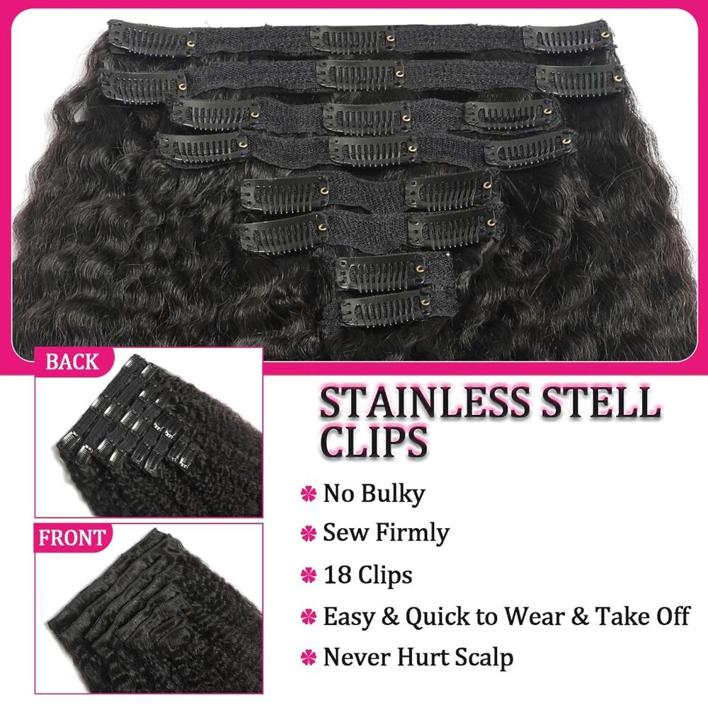 New 8PCS Kinky Straight Clip-in Human Hair Extensions 20" Natural Black Remy - Picture 3 of 9